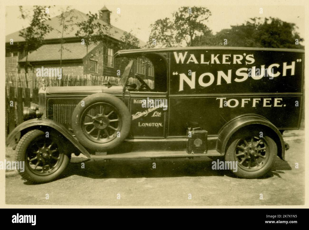 Original photograph of 1920's era postcard of Walker's Nonsuch Toffee delivery van, Walkers Nonsuch Toffee Ltd advertising, dates to circa 1925. Longton, Stoke on Trent, U.K. Stock Photo