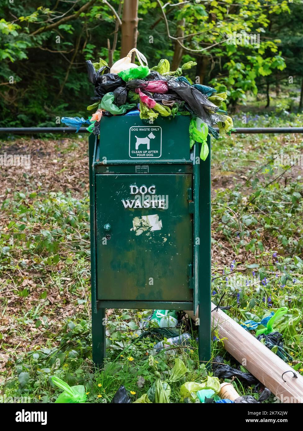 Dog waste bin, overflowing with plastic bags full of dog poo Stock Photo