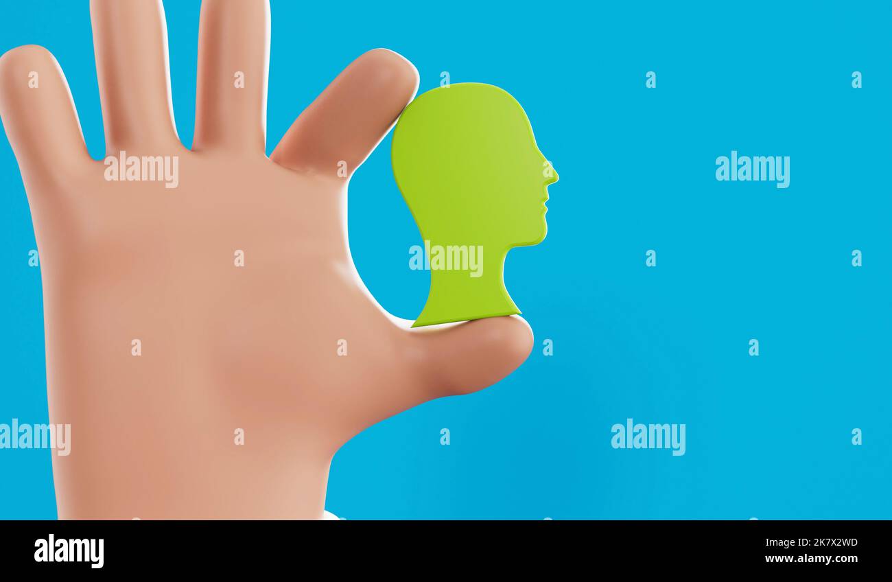 Cartoon hand holding a side profile of a human head. Mental health concept. 3D Rendering Stock Photo