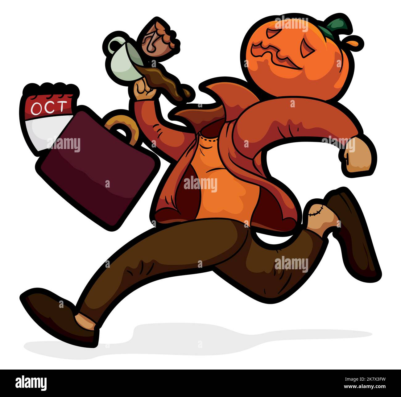 Headless Jack-O-Lantern scurrying to be on time to October celebration with coffee cup, bitten bread and opened suitcase. Stock Vector