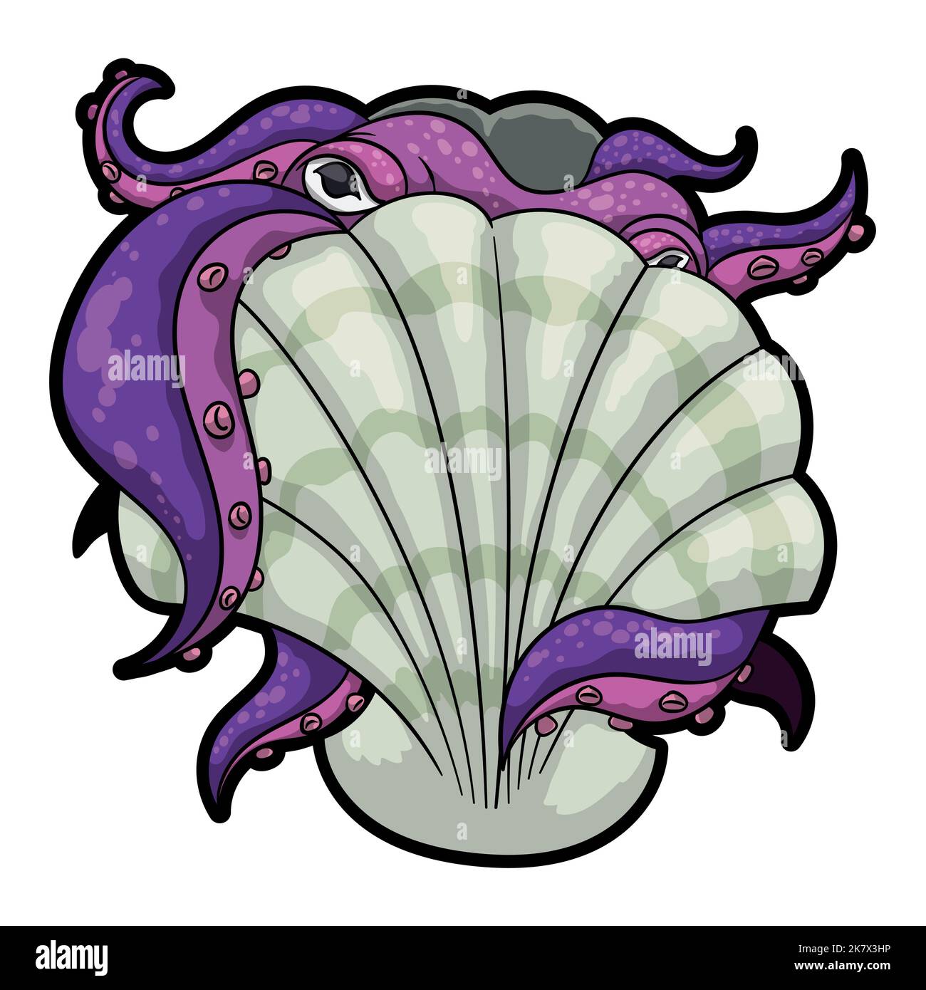 Purple and shy octopus inside a scallop shell, embracing it with its tentacles. Stock Vector