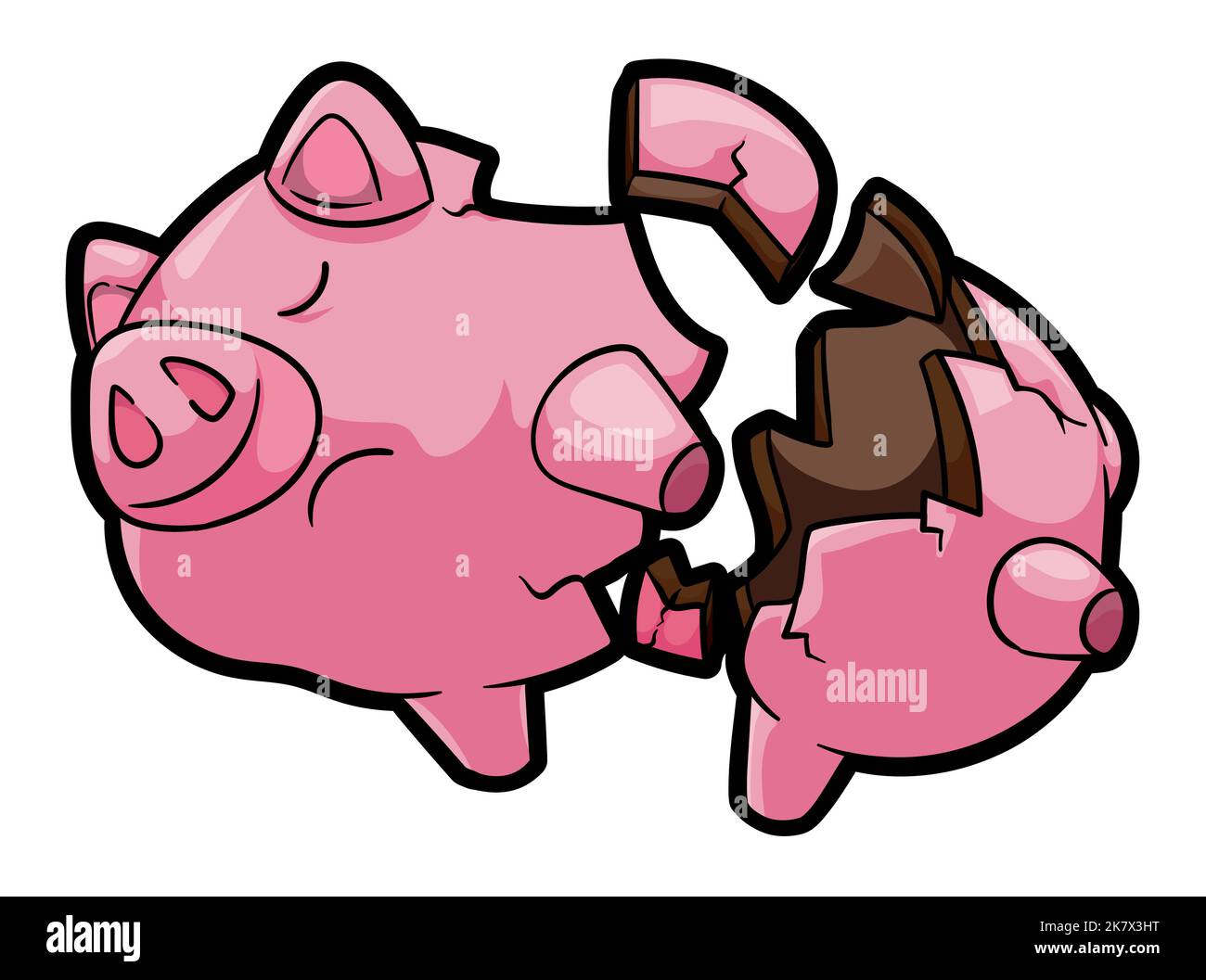 Sad and shattered pink piggy bank with empty content inside of it Stock