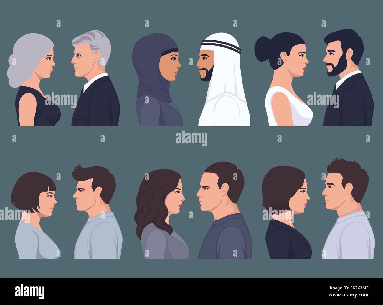 Flat heads in profile. Different human heads, male and female with