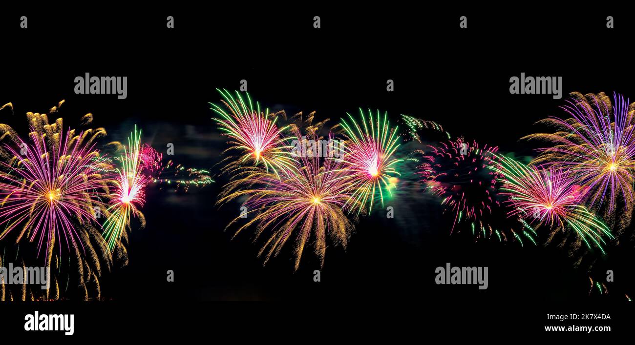 New Year celebration colorful fireworks. Stock Photo
