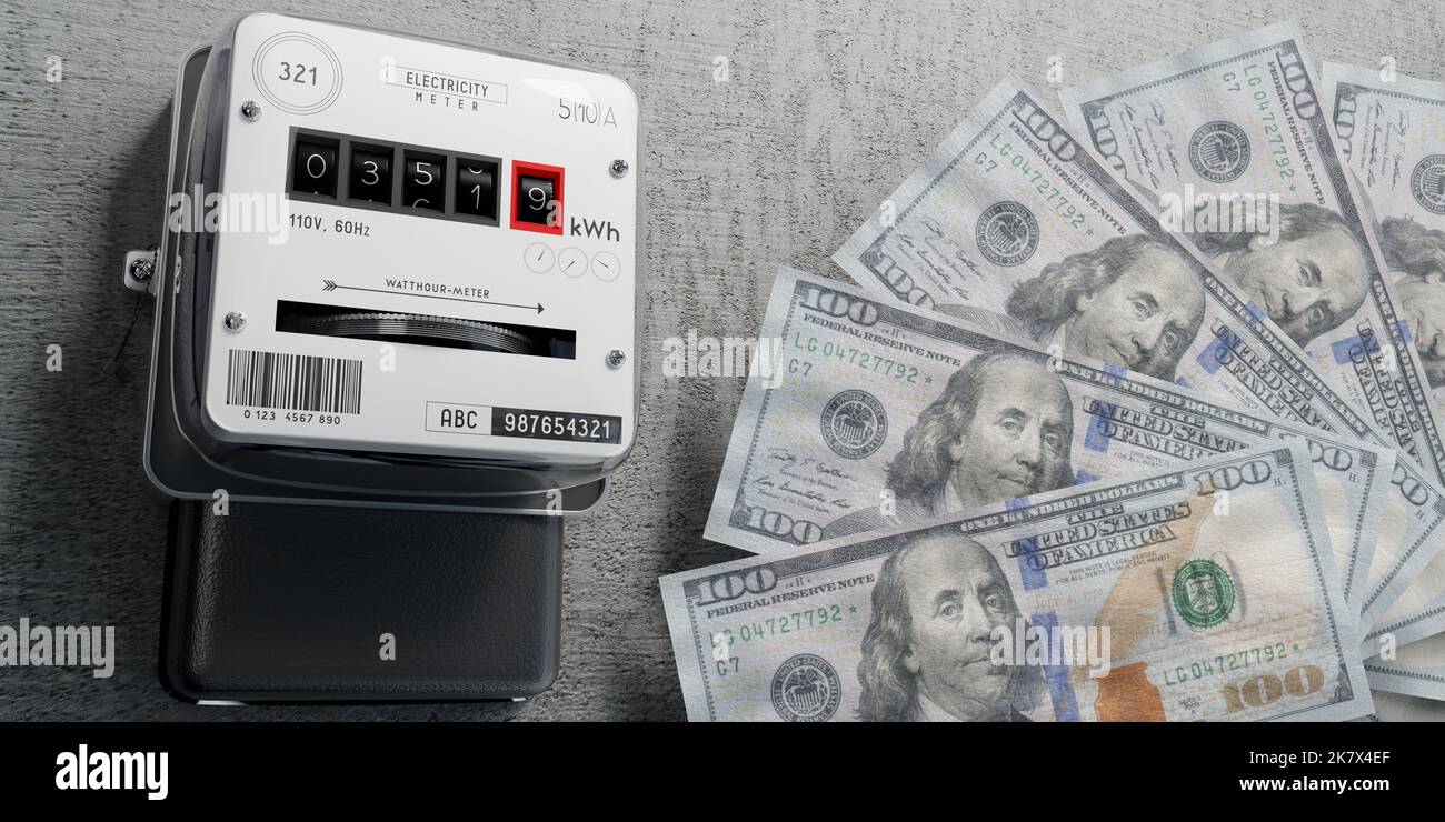 Electricity meter and dollar banknotes - energy bill concept - 3D ...