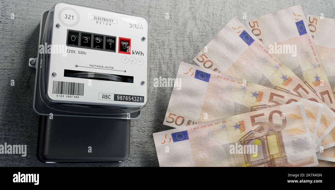 Electricity meter and euro banknotes - energy bill concept - 3D ...