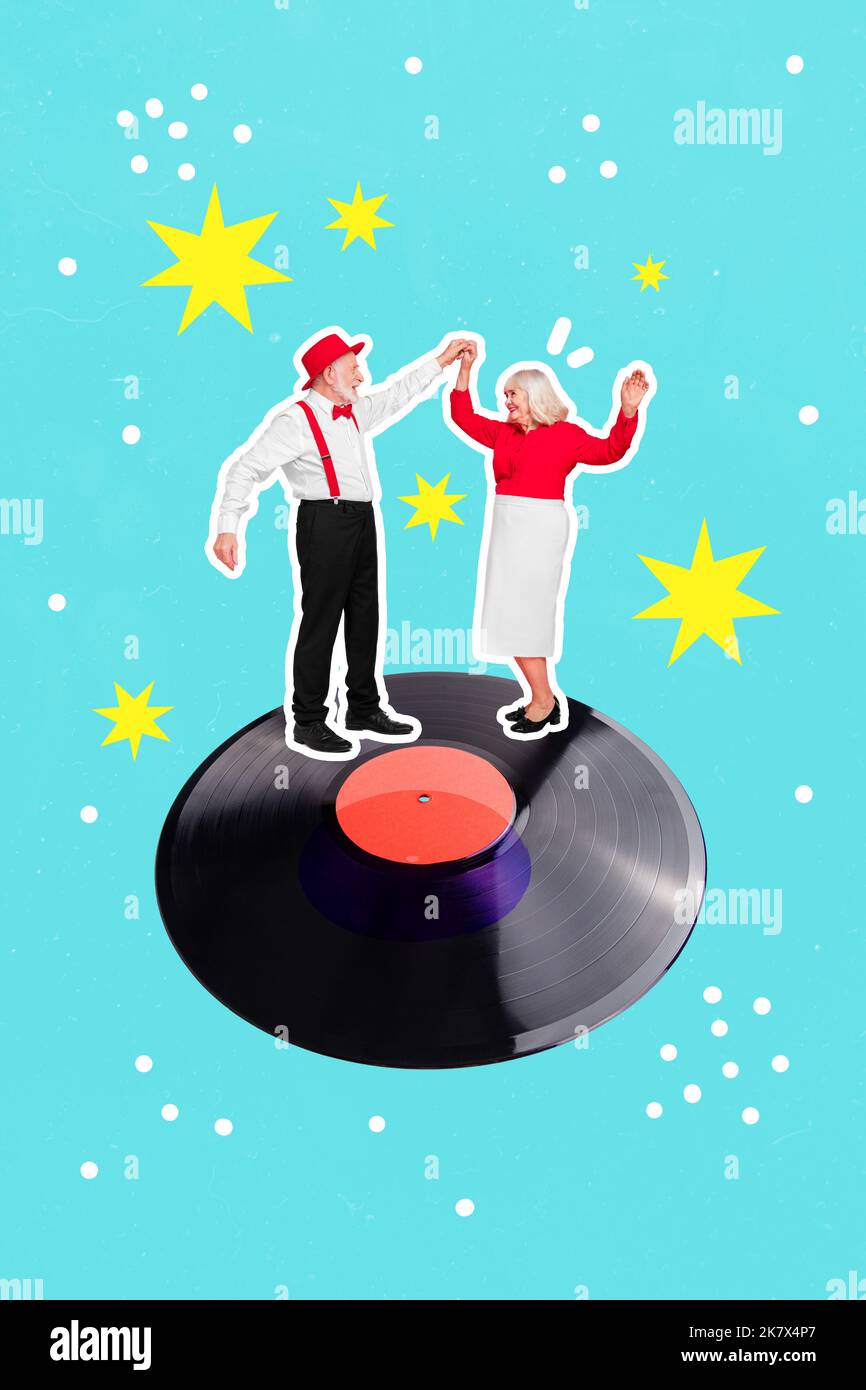 Creative poster collage of energetic lovely retired couple grandma granddad dancing celebrate anniversary have fun retro vinyl recorder Stock Photo