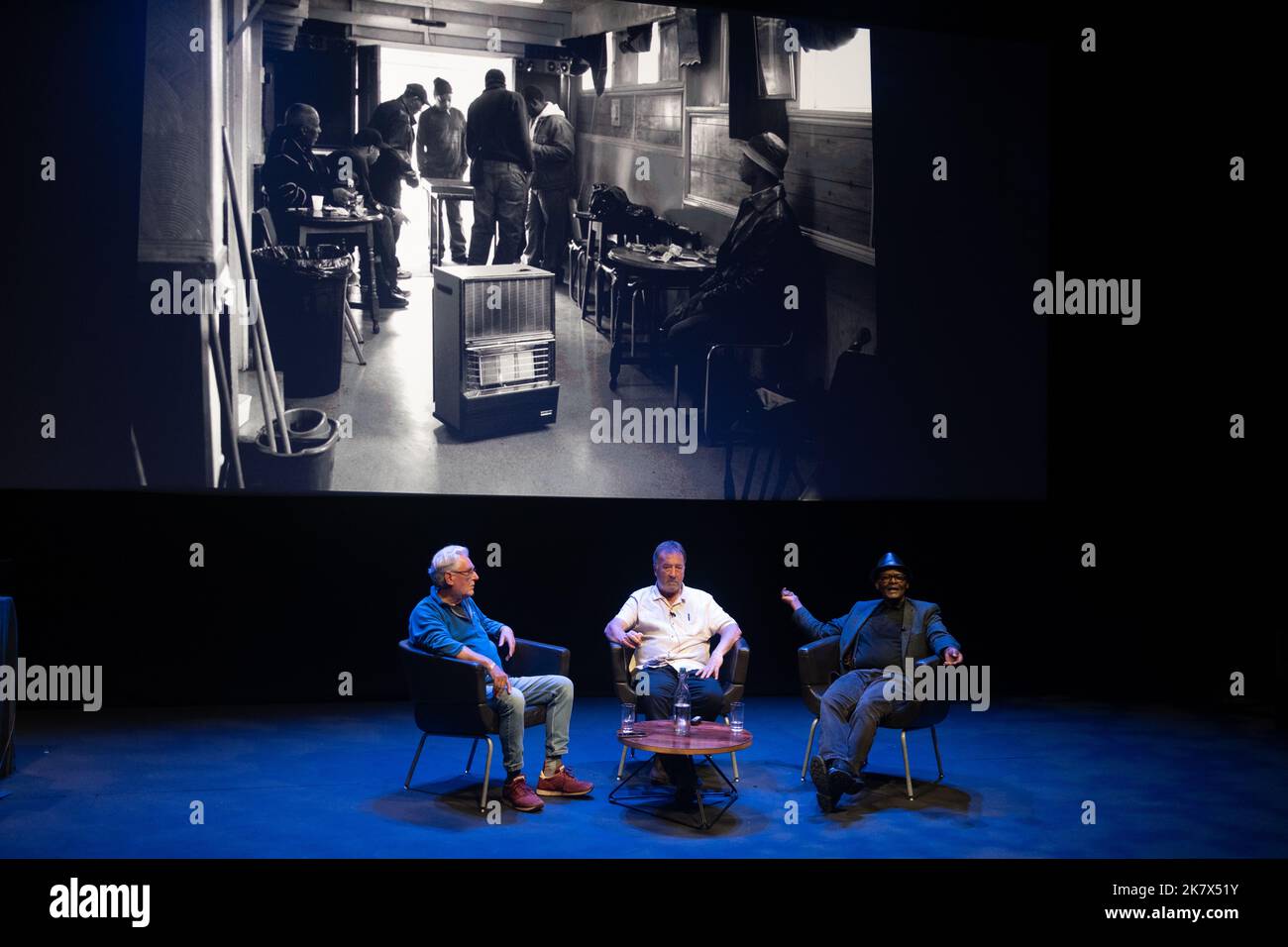 Left to right: Emyr Young, Glenn Edwards, Vanley Burke, at Eye Photography Festival 2022, at Aberystwyth Arts Centre, in Aberystwyth, Wales, 7 October, 2022. Stock Photo