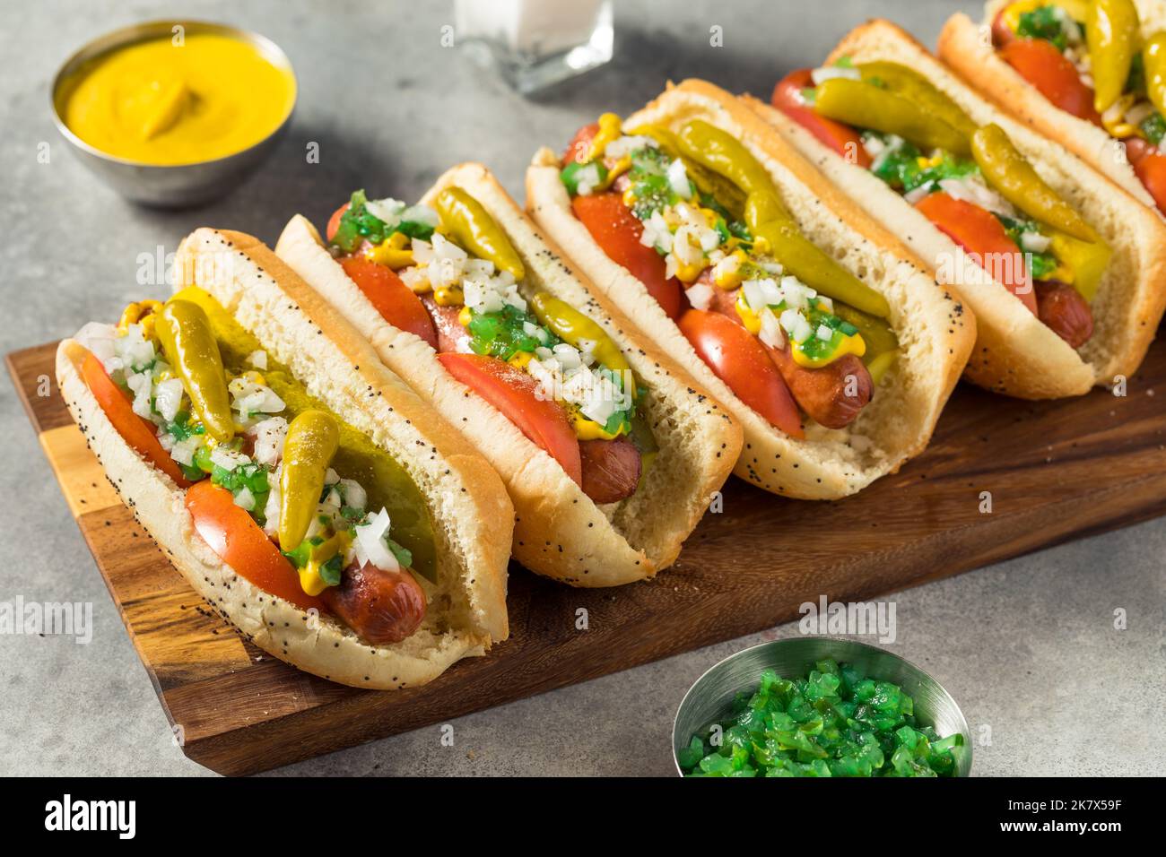 Homemade Chicago Style Hot Dogs with Tomato Onion and Peppers Stock