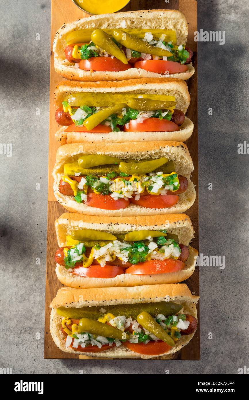 Homemade Chicago Style Hot Dogs with Tomato Onion and Peppers Stock