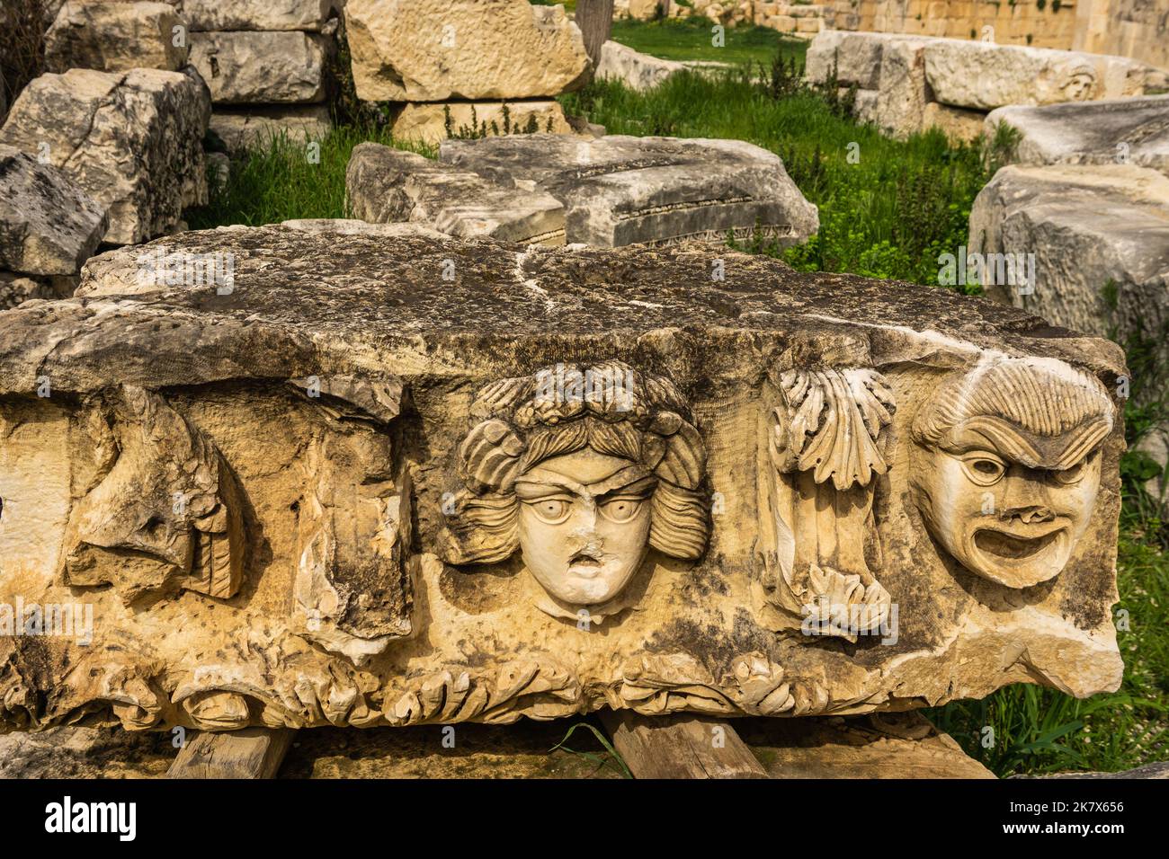 Theater masks in Myra Ancient City. Demre, Antalya, Turkey Stock Photo