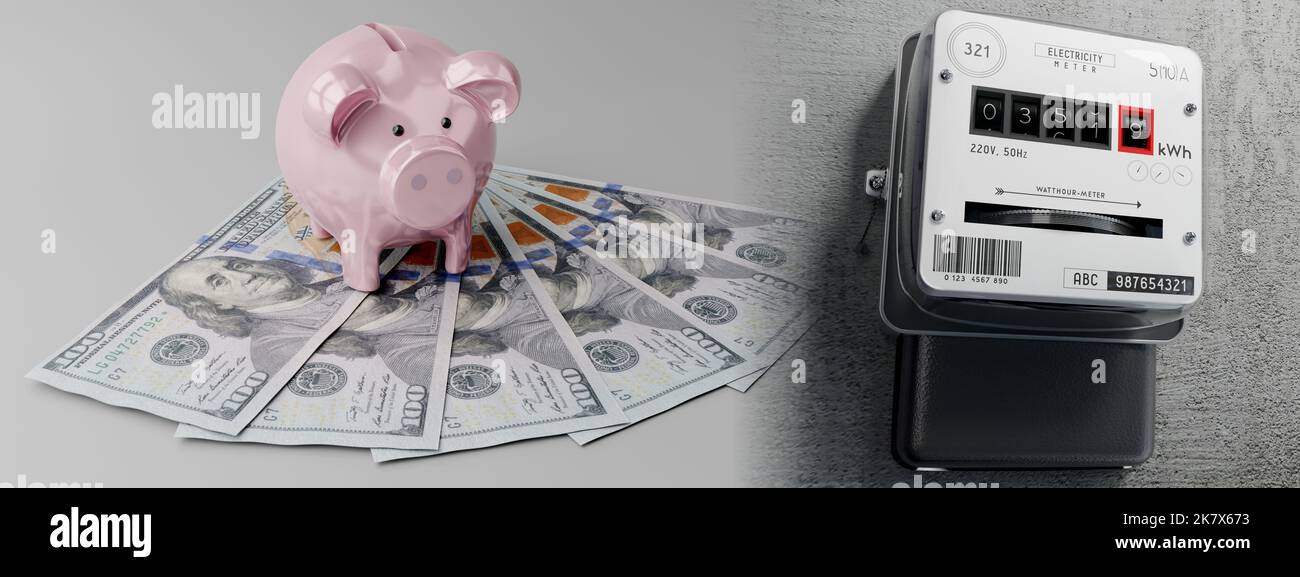 Electricity meter, piggy bank and 100 dollar bills - 3D illustration ...