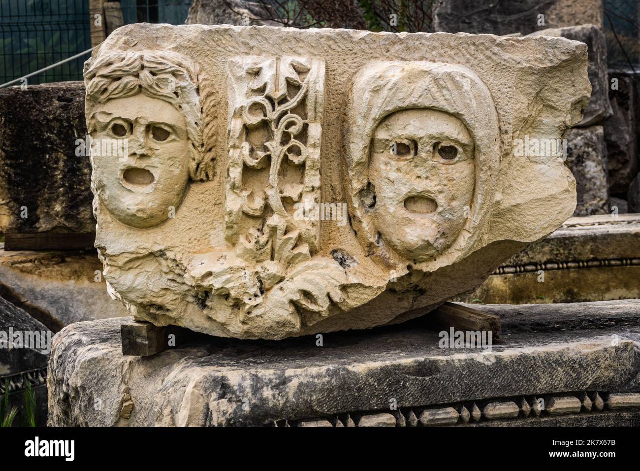 Stone Theater masks in Myra Ancient City. Demre, Antalya, Turkey Stock Photo