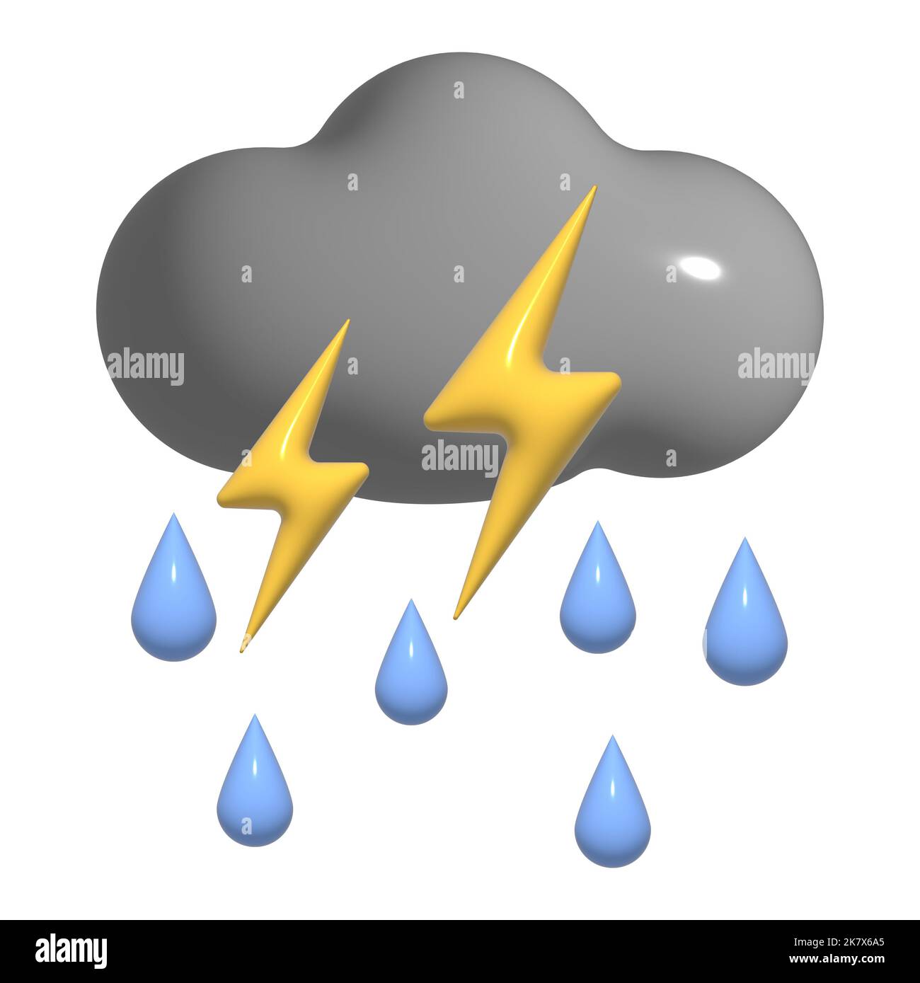 3D thunderstorm with rain, lightning, grey cloud icon. 3d storm weather element isolated on a white background. Climate concept - soft cotton cartoon Stock Photo