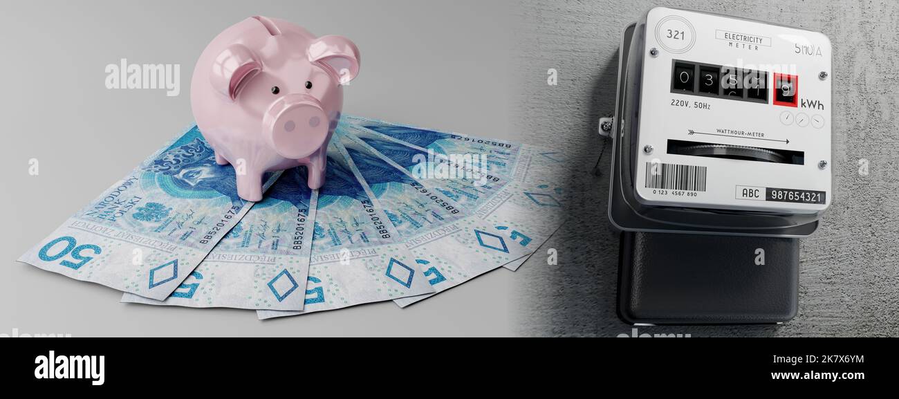 Electricity meter, piggy bank and 50 PLN bills - 3D illustration Stock ...