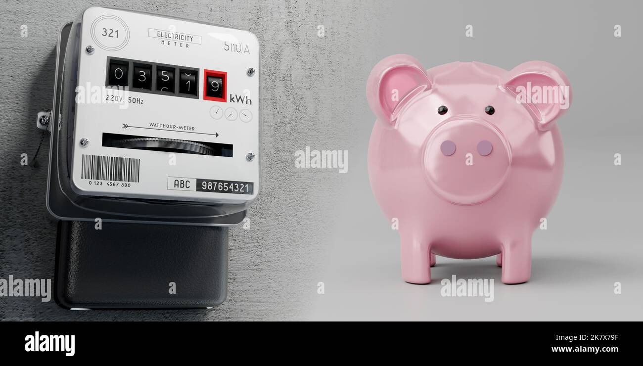 Electricity meter and piggy bank - 3D illustration Stock Photo - Alamy