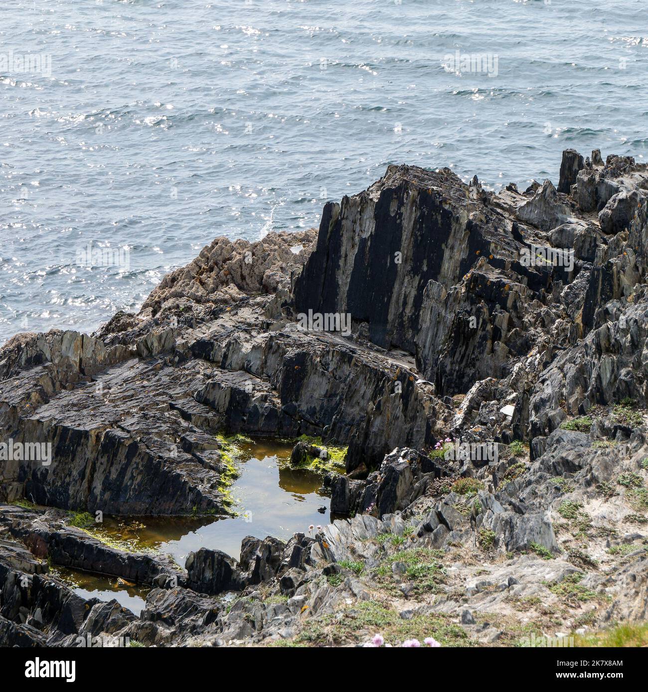 Exposed rocks on the seashore. Seaside rocks in sunny weather, rock formation near body of water. Stock Photo