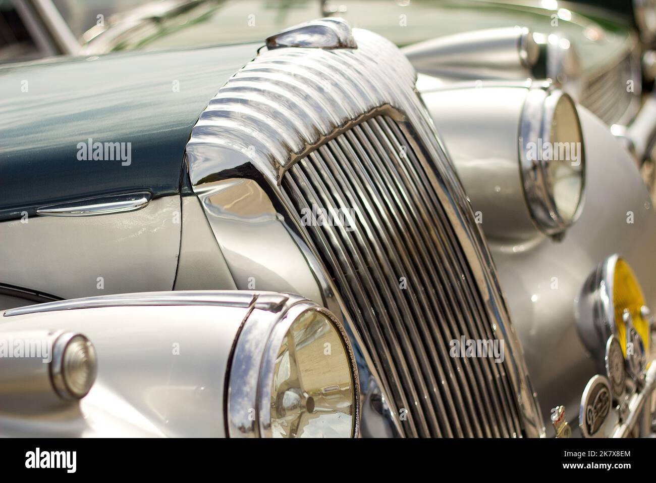 1952 Daimler barker special sport grille detail at a classic car show. Stock Photo