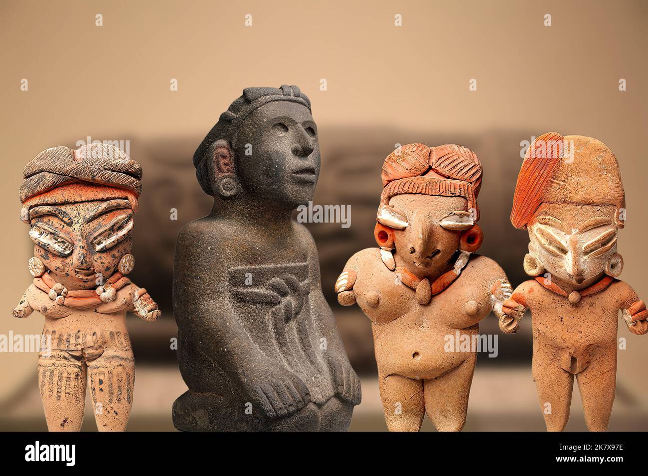 Aztec Art - Four Aztec statuettes representing female figures Stock Photo