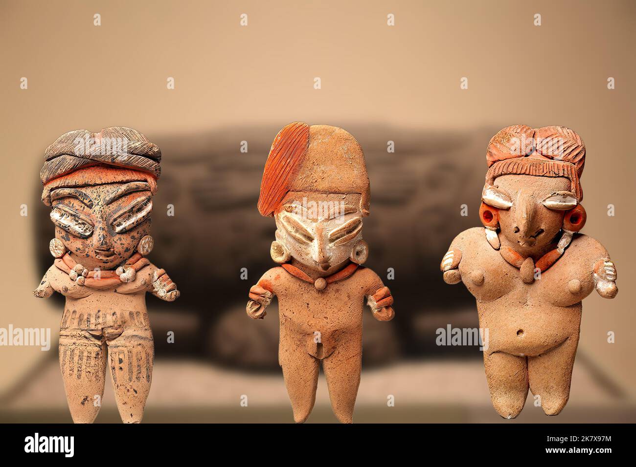 Aztec Art - Three Aztec statuettes representing female figures Stock Photo