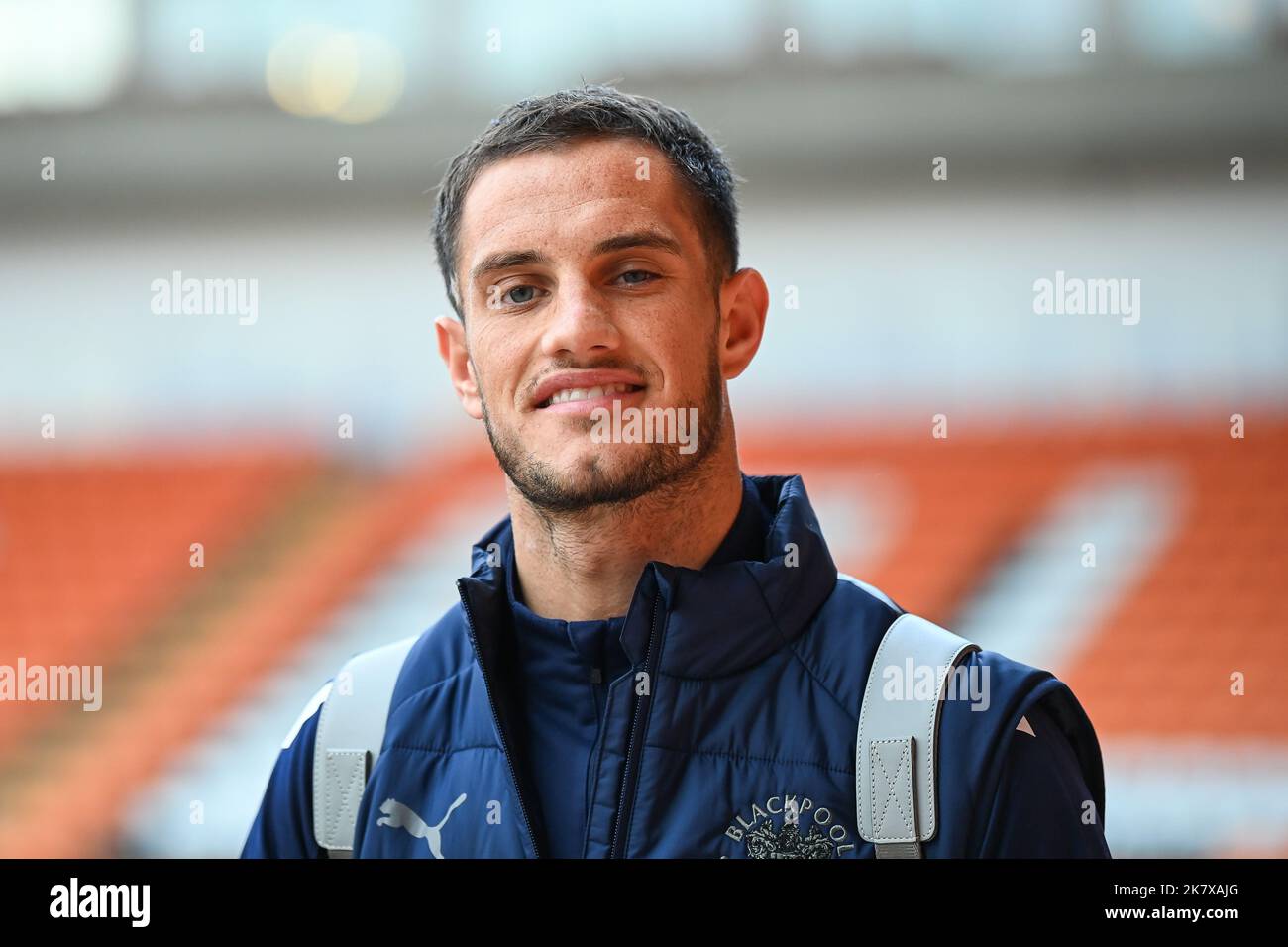 Jerry Yates 9 of Blackpool arrives ahead of the Sky Bet Championship