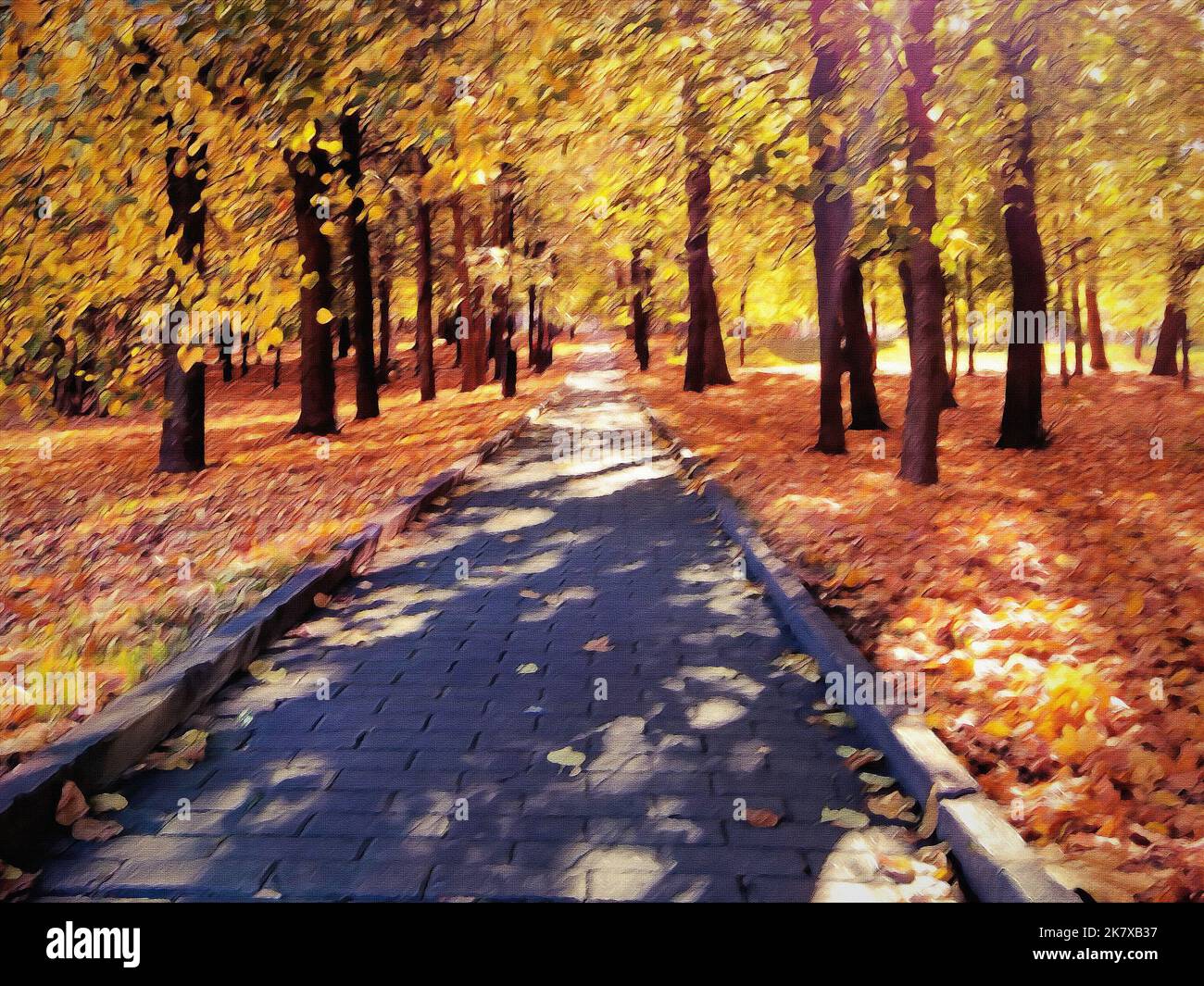 Beautiful romantic alley in a park with colorful trees and sunlight ...