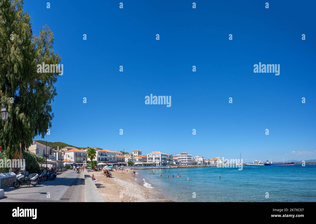 Beach in Spetses Town, Spetses, Saronic Islands, Greece Stock Photo