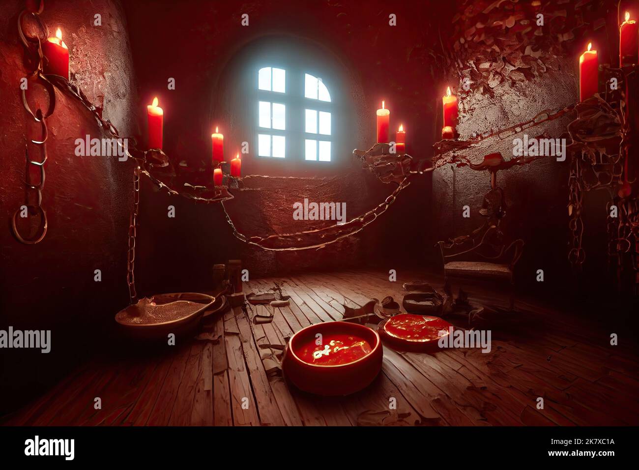 terrifying torture chamber of Dracula's castle. Setting for horror games. Furniture is splattered with blood, and the torture instruments are lit by Stock Photo