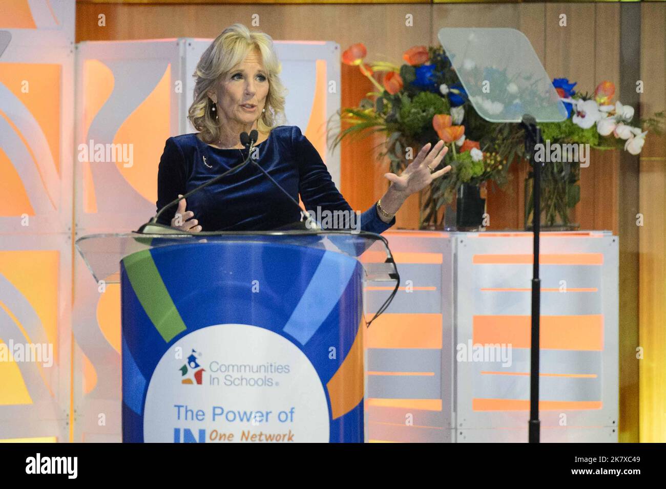Washington, United States. 19th Oct, 2022. First Lady Jill Biden speaks at the Communities in Schools (CIS) Leadership Town Hall Conference at the Grand Hyatt Hotel in Washington, DC on Wednesday, October 19, 2022. CIS is a national network seeking to improve academic achievement and build stronger relationships between schools, parents and communities. Photo by Bonnie Cash/UPI Credit: UPI/Alamy Live News Stock Photo
