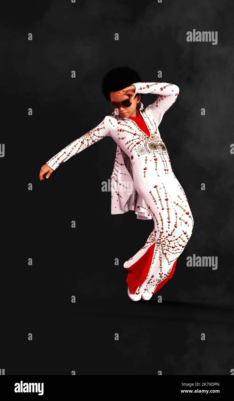 3d Illustration Beautiful sportive boy dancing in stylish clothes on black background at dance hall in smoke. Youth culture, movement, style and fashi Stock Photo