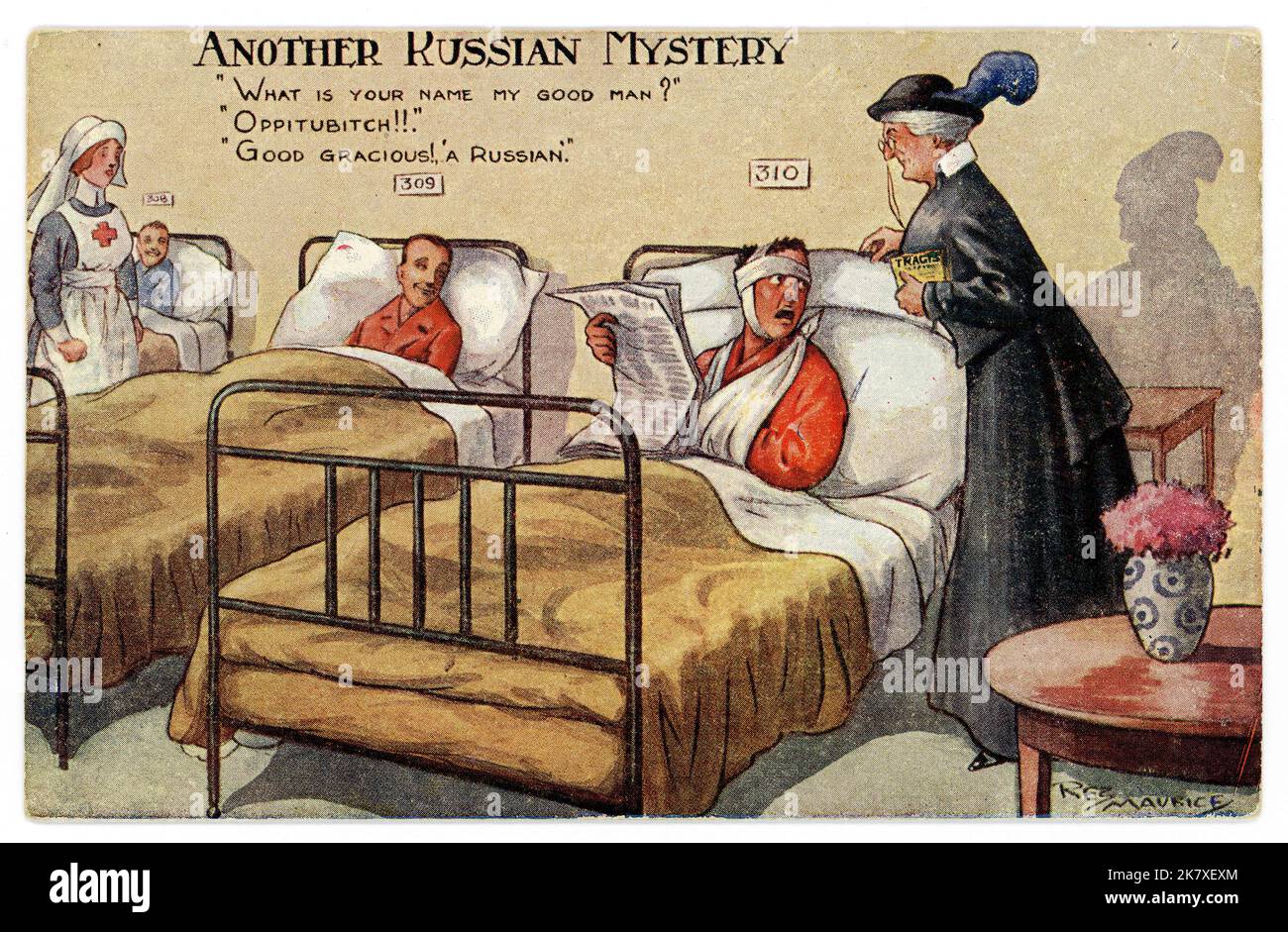WW1 era comic cartoon postcard titled Another Russian Mystery, 'What is your name my good man?'  asks a well meaning elderly  visitor, who is possibly some kind of well-meaning  Christian outreach worker 'Oppityoubitch' says the wounded soldier to her 'Good gracious! A Russian' she exclaims to the amusement of the red cross nurse and fellow wounded soldiers.  U.K. Circa 1916 / 1917. Stock Photo
