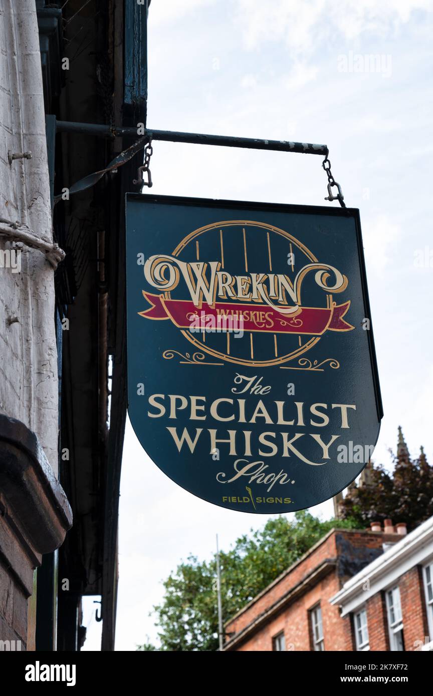 Shrewsbury, UK-  July 14, 2022: Wrekin Whiskies Shop sign in Shrewsbury, Engalnd. Stock Photo