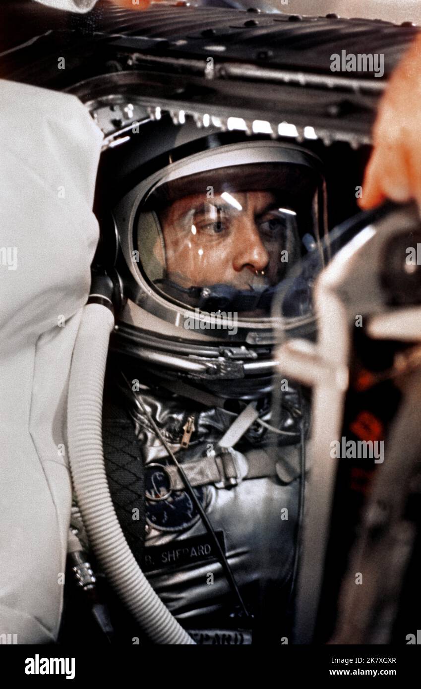 Astronaut Alan B. Shepard, Jr. sits in his Freedom 7 Mercury capsule, ready for launch. Stock Photo