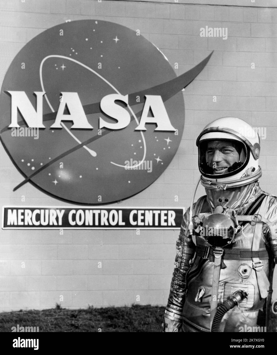 Astronaut Scott Carpenter stands in front of the Mercury Control Center at Cape Canaveral. Carpenter was the pilot for the Mercury-Atlas 7 mission aboard Aurora 7, which launched May 24, 1962.  Image credit: NASA Stock Photo