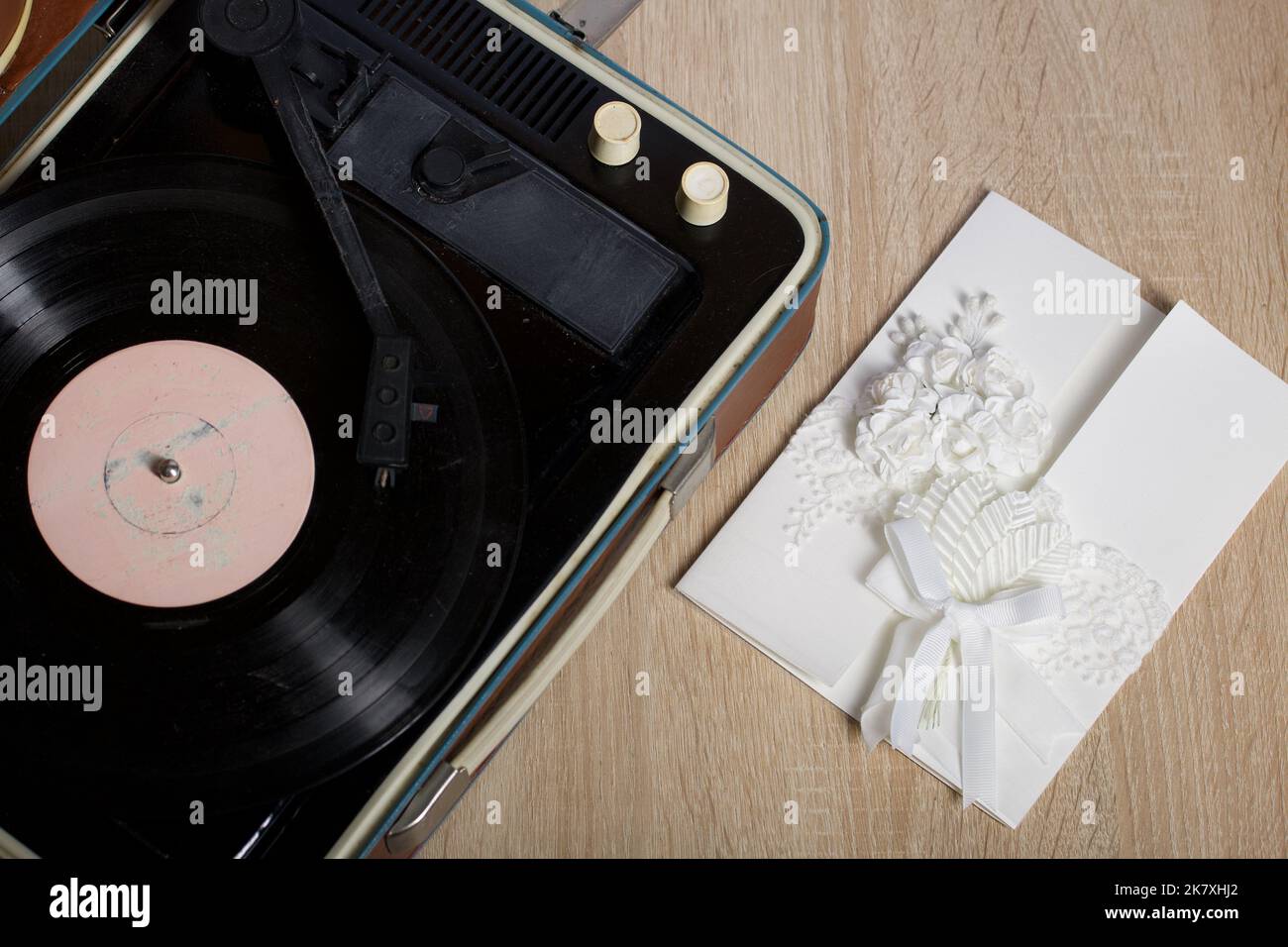 Vintage vinyl record player. Homemade greeting card in white. With ...