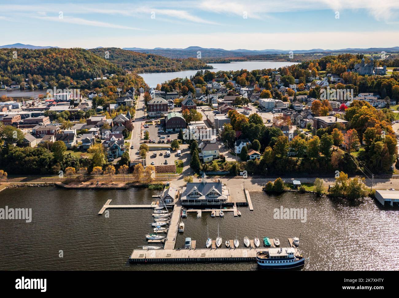 Aerial view of the city of Newport in Vermont from above the lake with