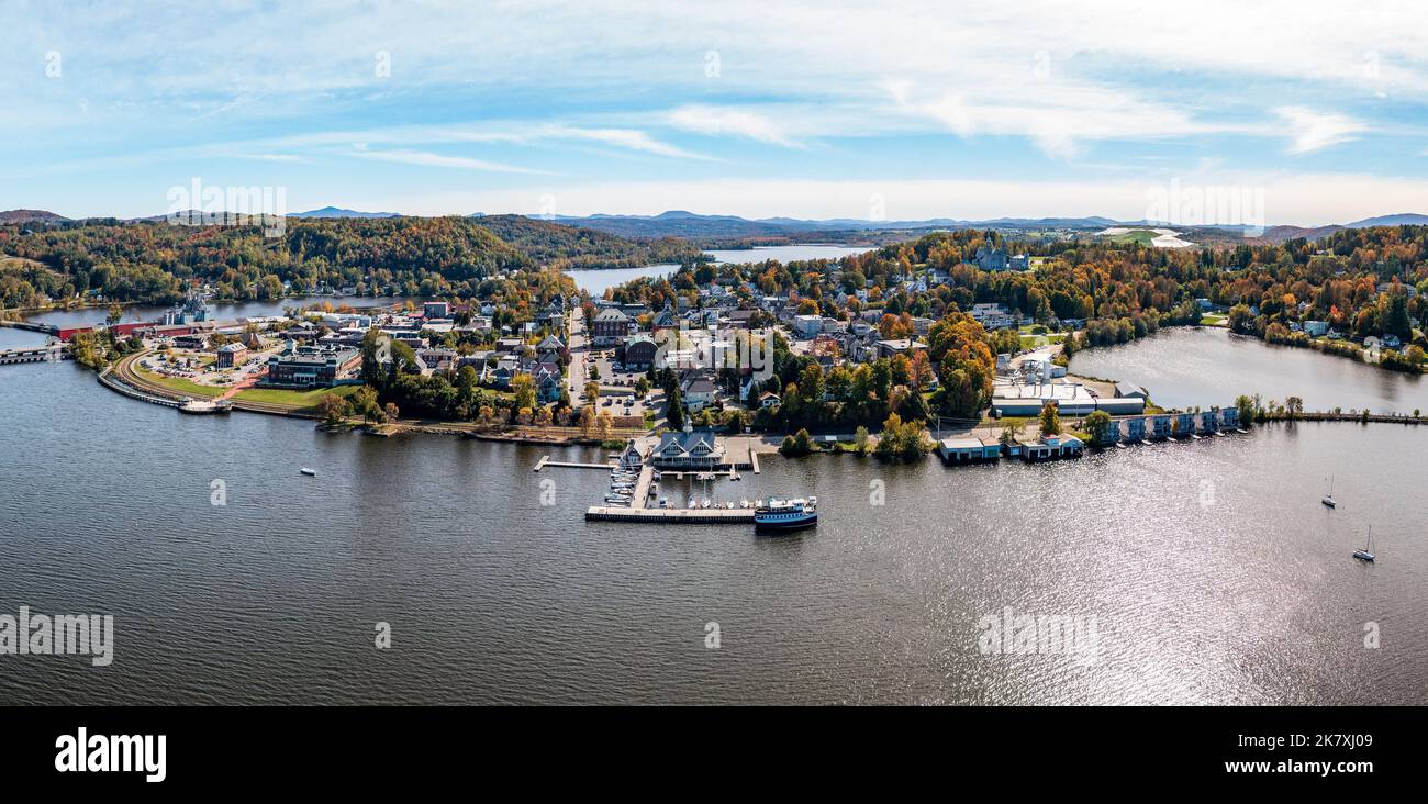 Aerial view of the city of Newport in Vermont from above the lake with