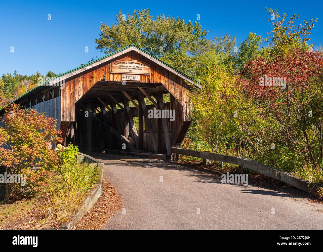 Entrance to Cambridge Junction bridge near Cambridge in Vermont during the fall Stock Photo