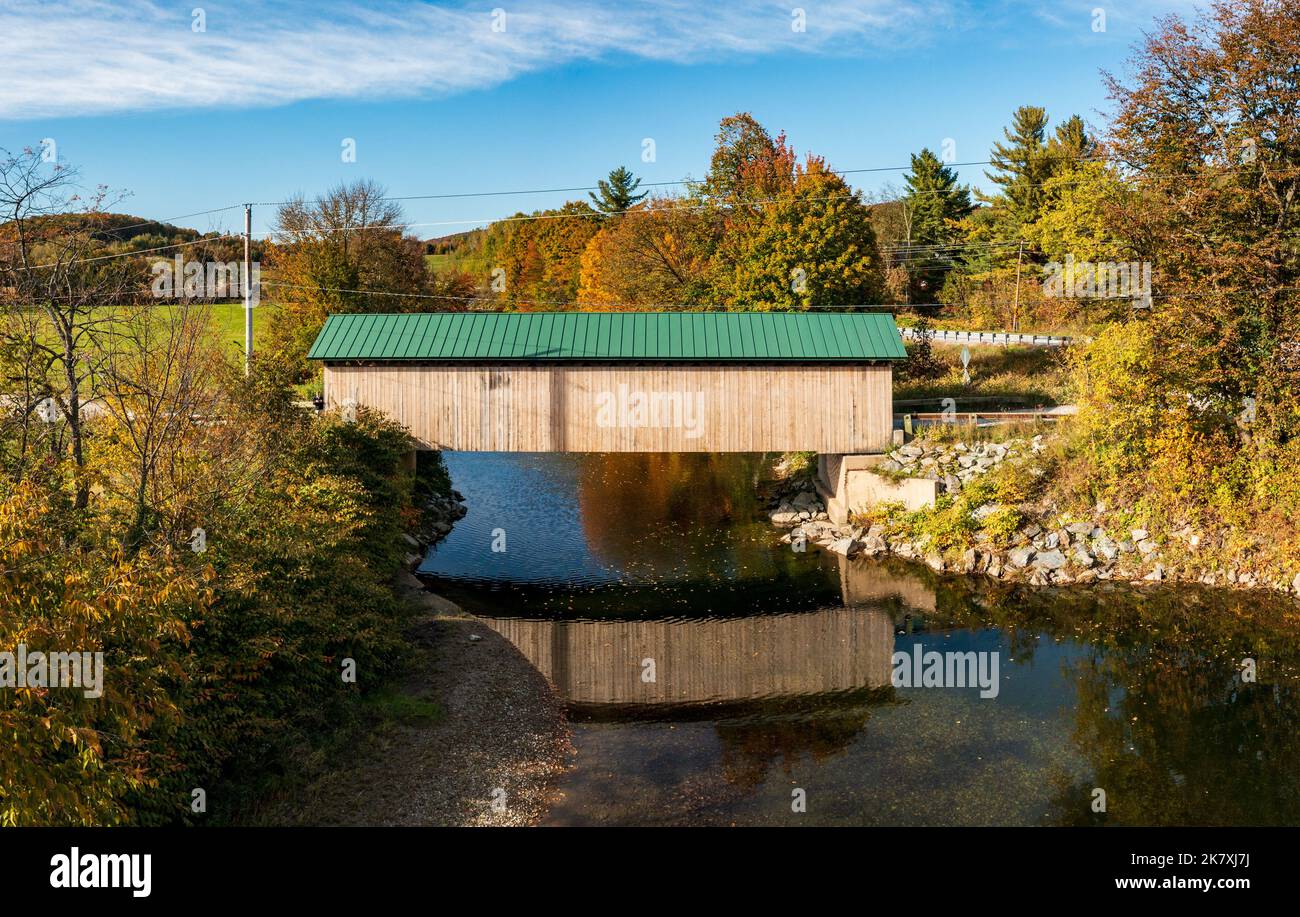 Aerial view of the Longley covered bridge near Montgomery in Vermont during the fall Stock Photo