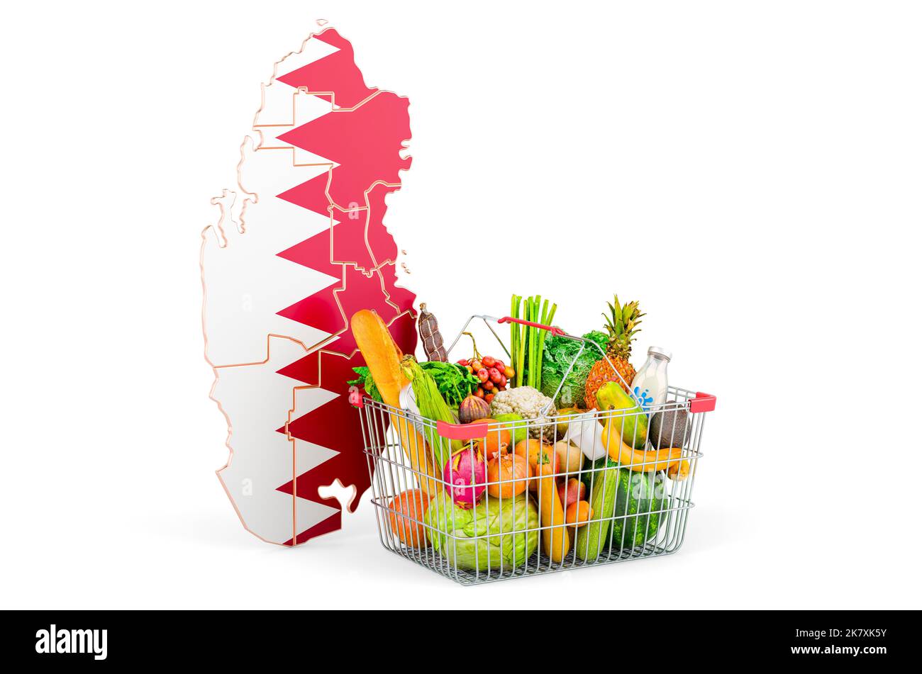 Purchasing power and market basket in Qatar concept. Shopping basket with Qatari map, 3D