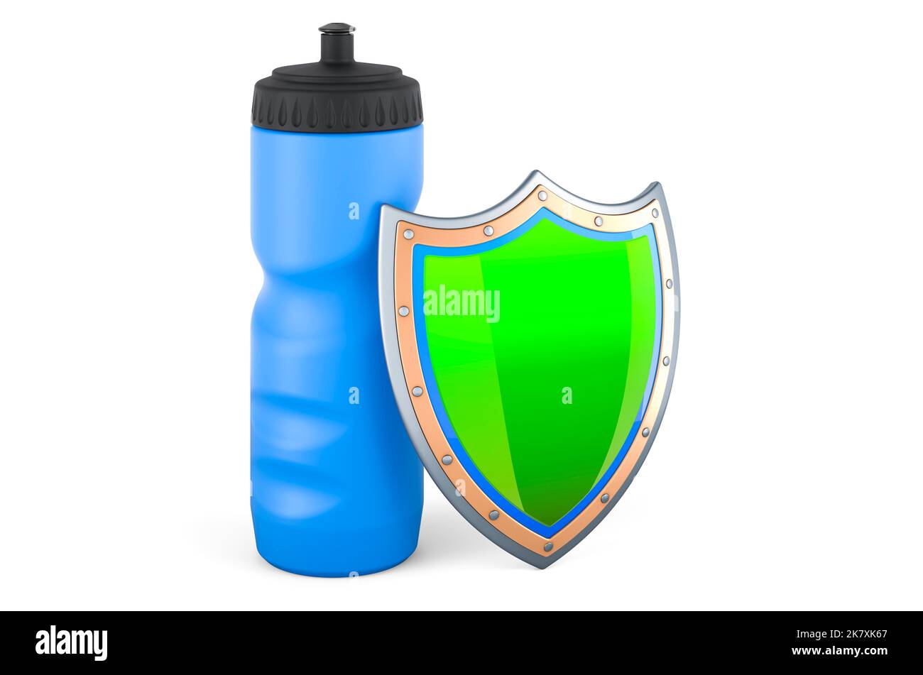 Plastic sport water bottle with shield, 3D rendering isolated on white ...