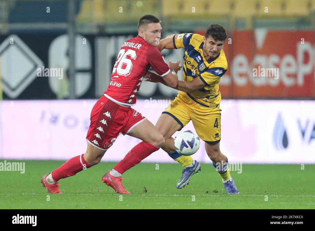 Botond Balogh (Parma Calcio) and Aurelian Scheidler (SSC Bari) during the  Italian football Coppa Italia match Parma Calcio vs SSC Bari on October 19,  2022 at the Ennio Tardini stadium in Parma,