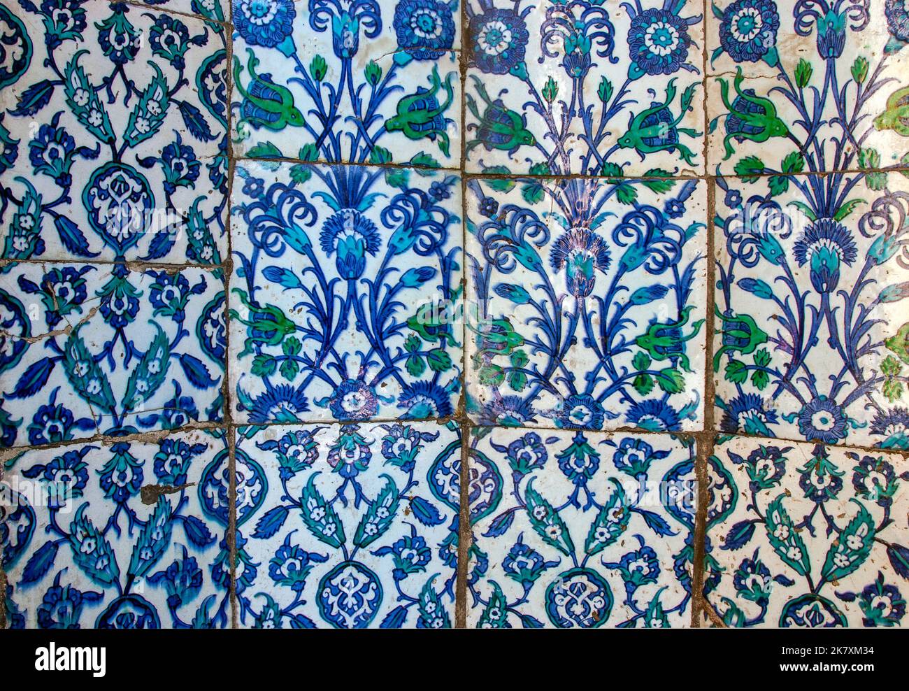 Blue flower patterns on ceramic tiles in the old Turkish style, 18th century. Nuruosmaniye mosque in Istanbul, Turkey. Stock Photo