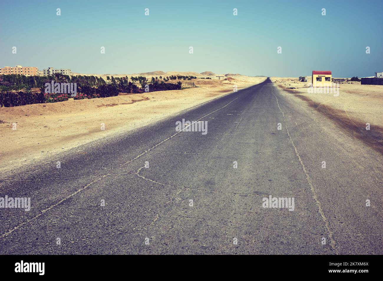 Empty asphalt desert road, focus on the foreground, color toning applied, Egypt. Stock Photo