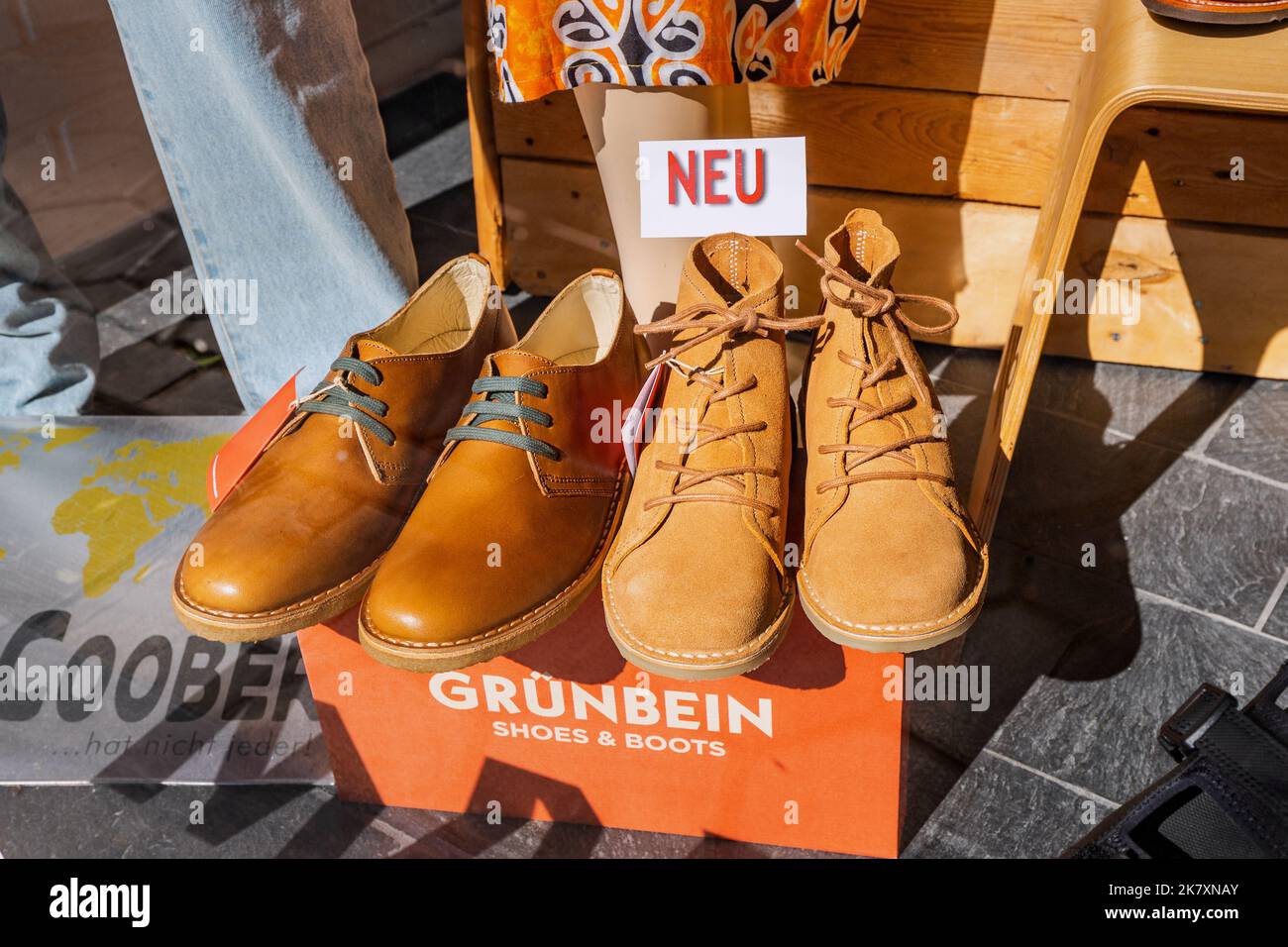 24 July 2022, Osnabruck, Germany: German Grunbein boots and leather shoes  for sale in shop Stock Photo - Alamy