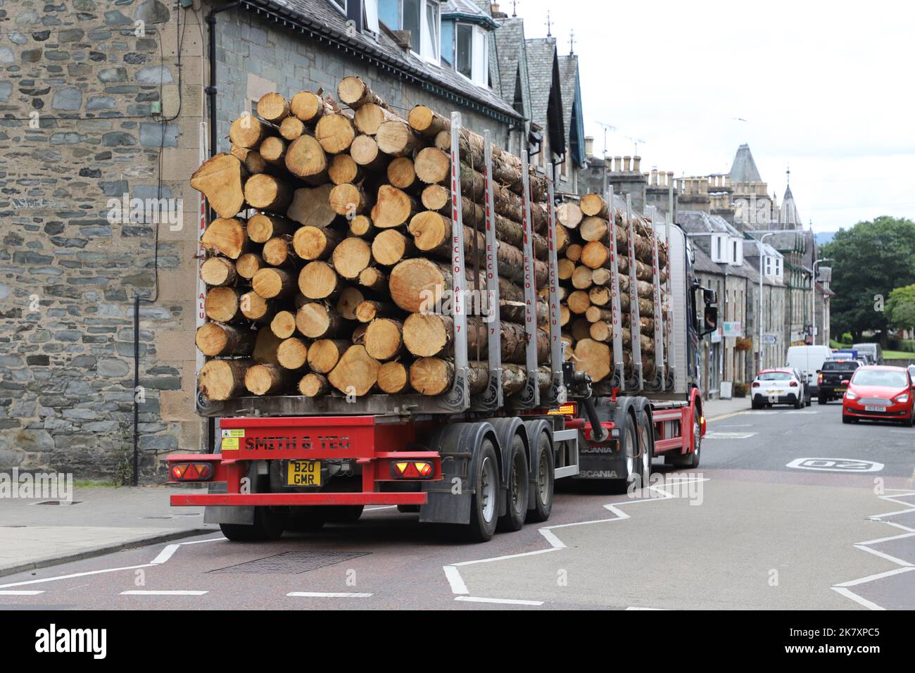 Logging truck passing through Aberfeldy Scotland  August 2021 Stock Photo