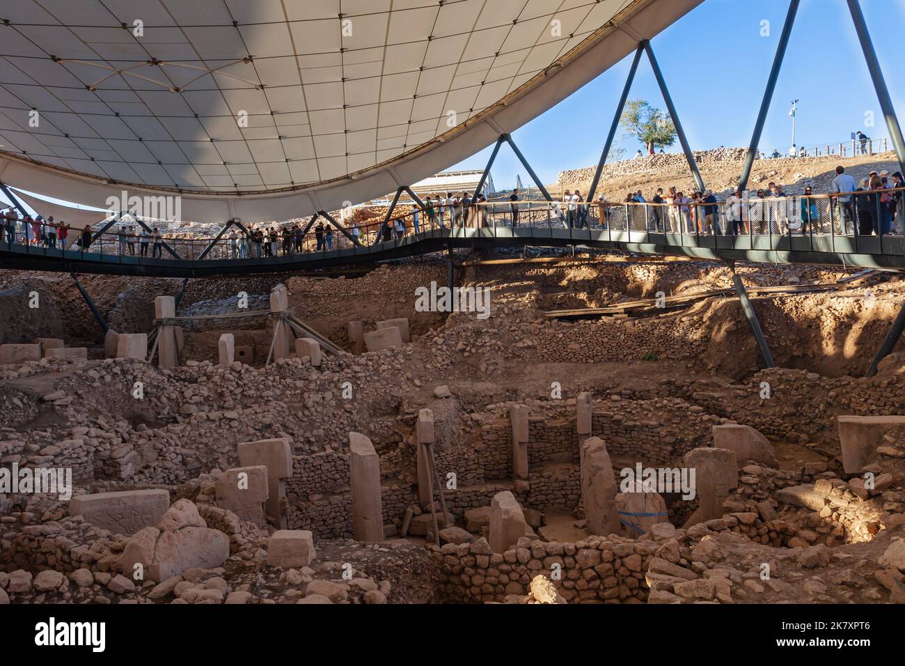 People visit the Göbeklitepe ruins. Göbeklitepe is the first and biggest temple in history. Stock Photo
