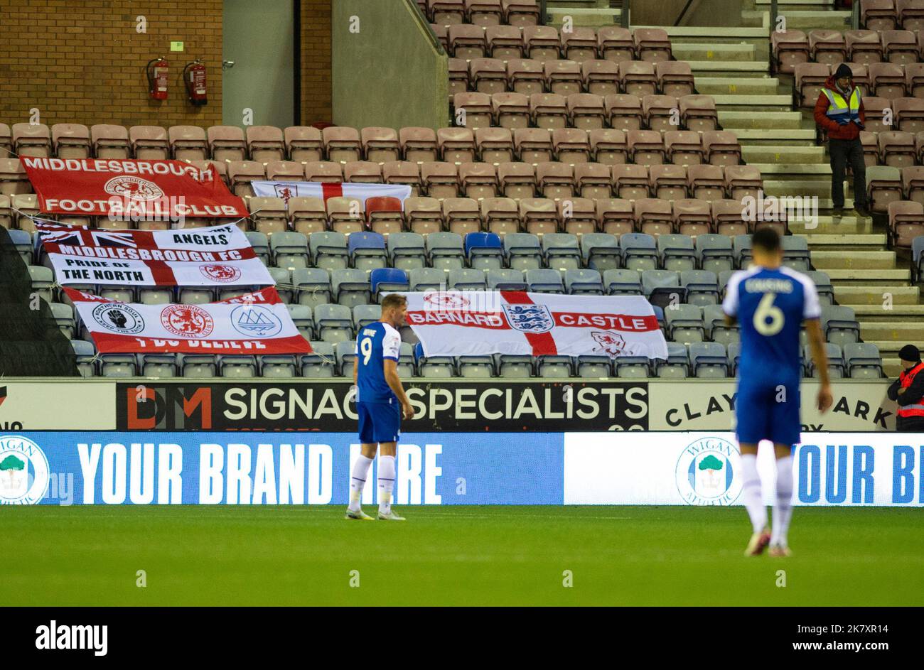 Wigan, UK. 19th October 2022Middlesbrough banners at the Sky Bet Championship match between Wigan Athletic and Middlesbrough at the DW Stadium, Wigan on Wednesday 19th October 2022. (Credit: Trevor Wilkinson | MI News) Credit: MI News & Sport /Alamy Live News Stock Photo