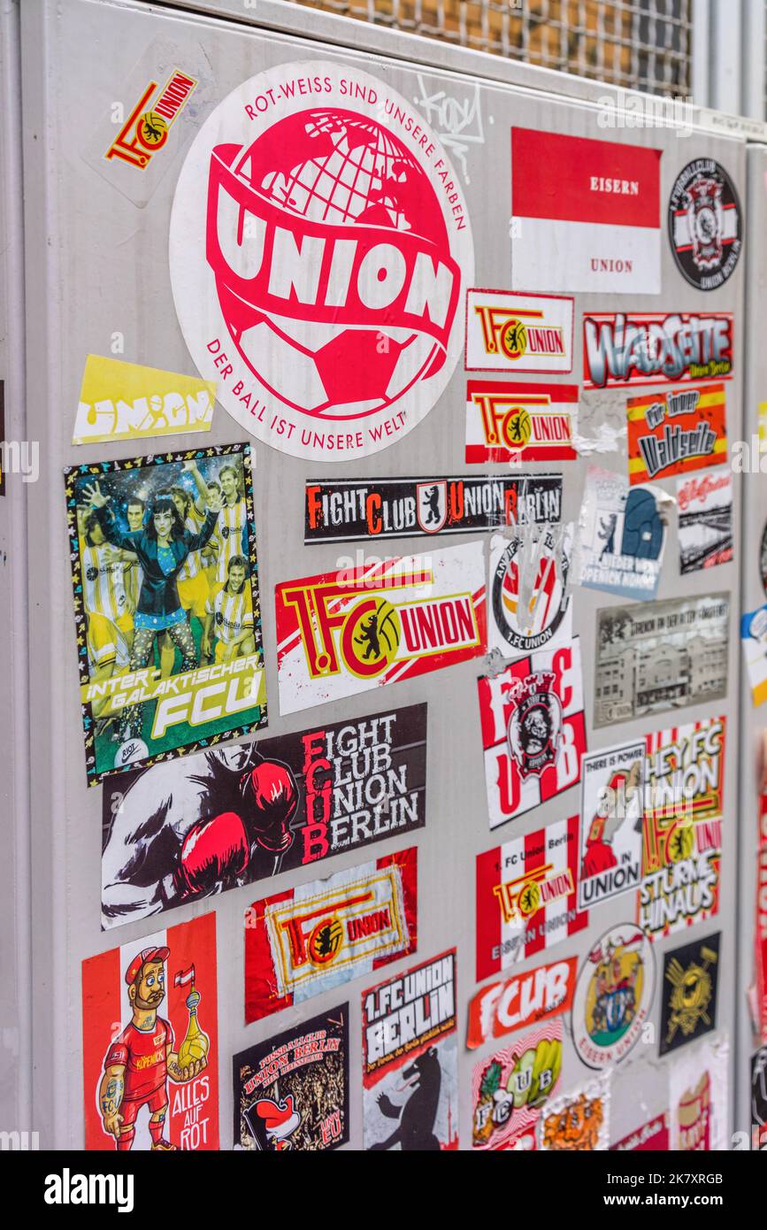 1. FC Union Berlin stickers on an outdoors electricity box in Berlin, Germany, Europe Stock Photo