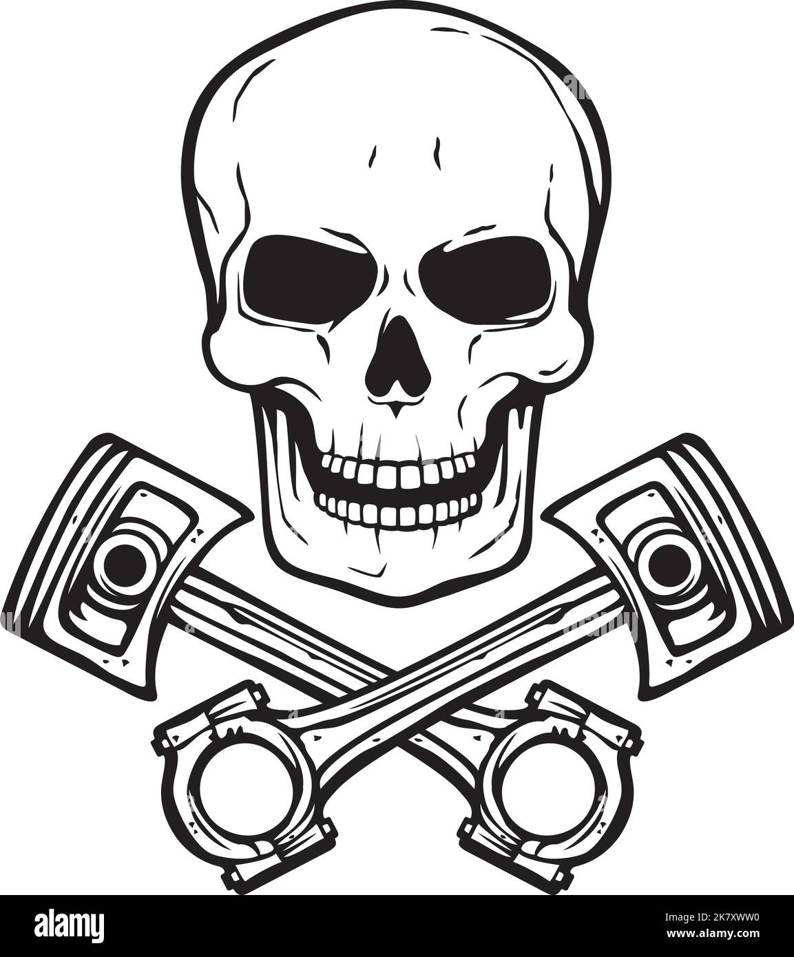 Human Skull with Crossed Engine Pistons Black and White. Vector